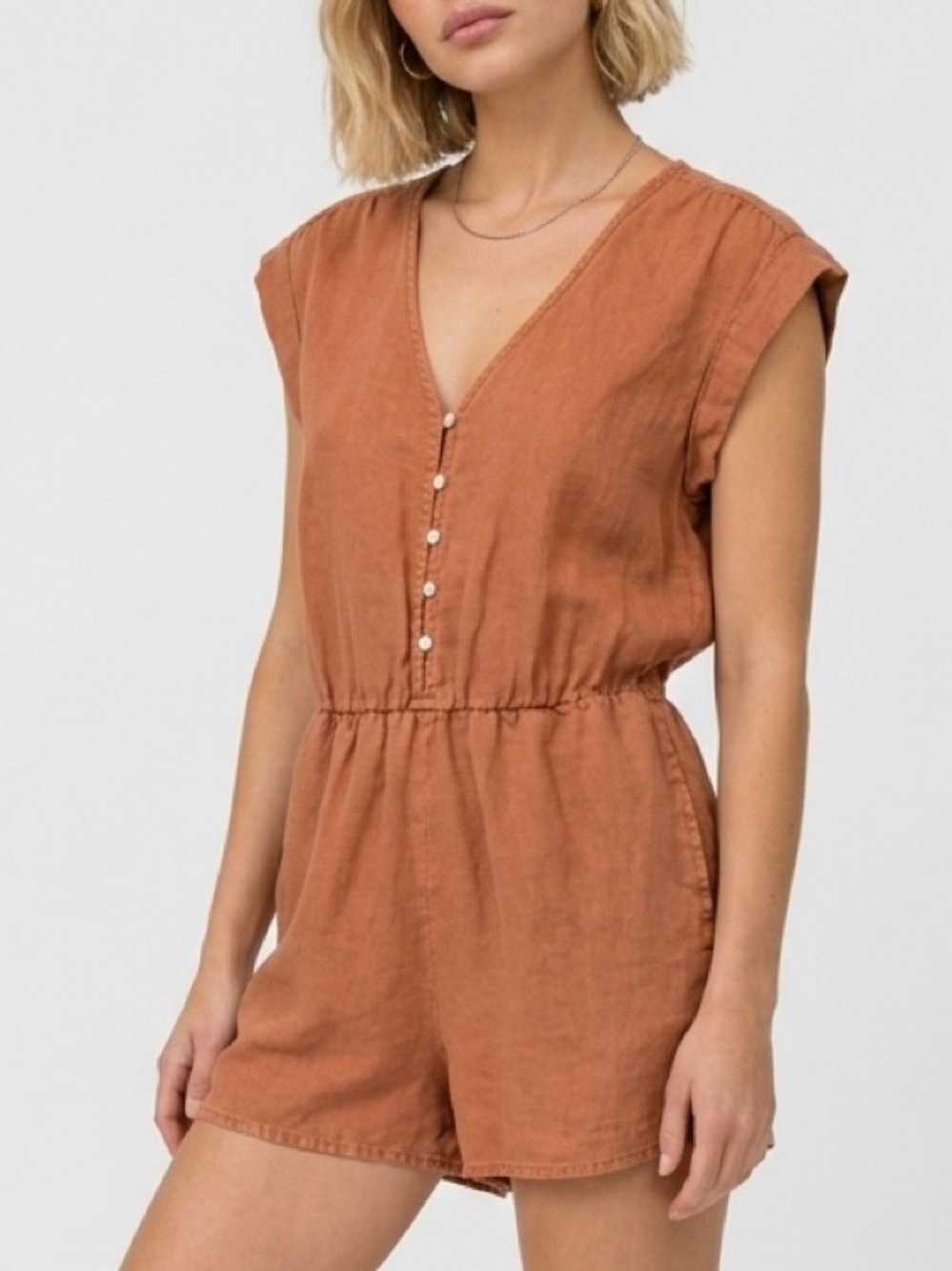 Bella Dahl 100% Linen Cap Sleeve Romper Rich Sienna Rust Orange Button Front XS